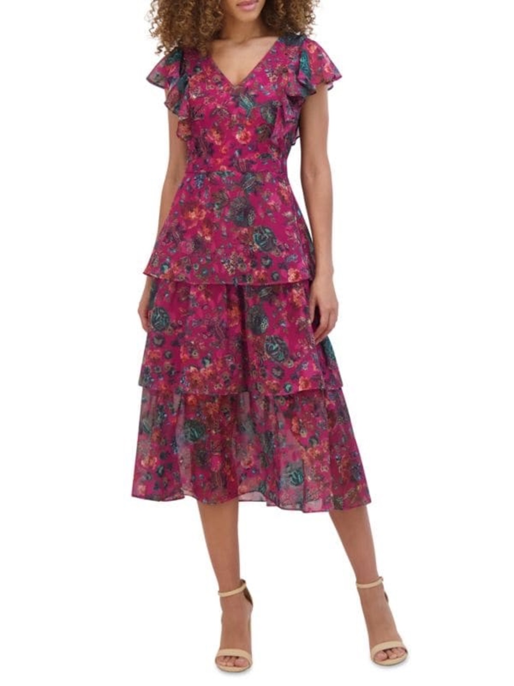 NWT Kensie Tiered Ruffle Floral V-Neck Midi Dress, size 6